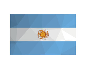 Vector illustration. Official ensign of Argentina. National flag with yelow sun, blue and white stripes. Creative design in low poly style with triangular shapes