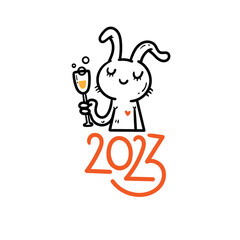 New Year card with hare. Chinese calendar symbol. Vector holiday poster. Funny animal. Cheerful rabbiti. Funny hare print. Anthropomorphic character for desing.