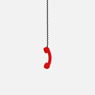 Retro red telephone receiver hanging on black wire. Vector cartoon illustration isolated on white background.
