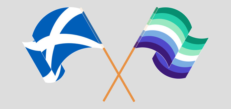 Crossed and waving flags of Scotland and gay men pride