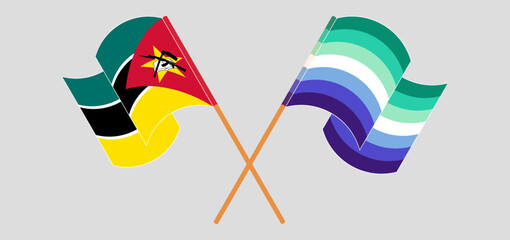 Crossed and waving flags of Mozambique and gay men pride