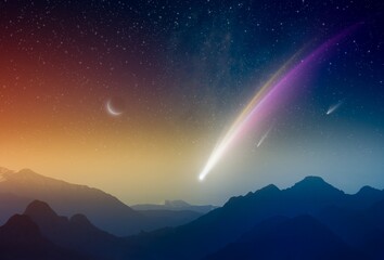 Naklejka na ściany i meble Amazing unreal background: giant colorful comet in glowing sunset sky over mountains. Comet is icy small Solar System body.