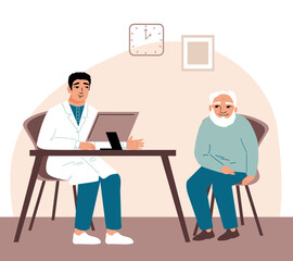 Doctor with patient, elderly man in modern clinic. Urologist. Consultation of specialist. Diagnosis of the disease. Vector illustration
