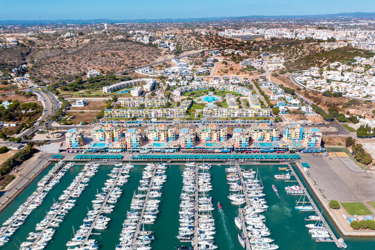 Aerial drone photography of luxury Albufeira harbour. Perspective from drone. Luxury and famous travel destination in south of Portugal. 