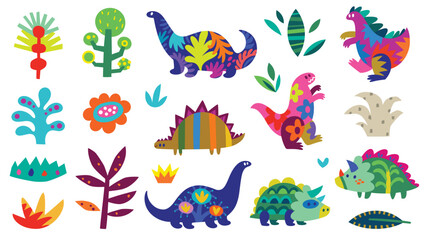 Collection of flat dinosaurs silhouette and plants inside - 535807743