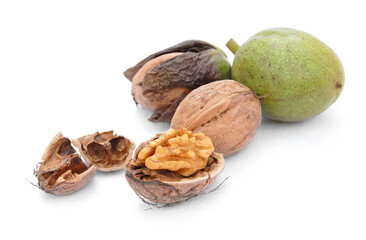 Walnut with peel and leaves in the process of ripening
