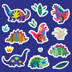 Flat cartoon dinosaurs and plants stickers set