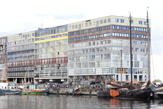 Amsterdam Silodam View with Modern Architecture, Water and Boats, Netherlands