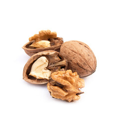 Walnut and split walnut with kernel inside on the white background