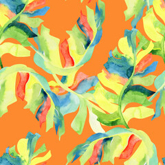 Summer colorful seamless tropical pattern with watercolor banana leaves