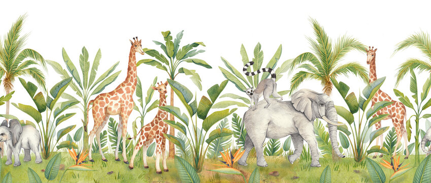 Beautiful tropical horizontal seamless pattern with hand-painted watercolor animals and palm trees. African animals: giraffe, elephant, zebra, lemur. Botanical art. Perfect for wallpaper and stickers.
