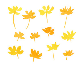 Fototapeta na wymiar Simple watercolor yellow and orange flowers. Set isolated on white
