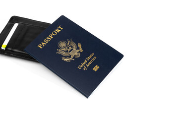 Unted States of America Passport and wallet on a white background.