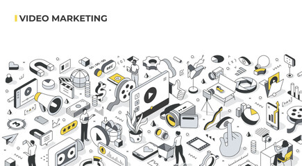 Video marketing concept. Creating and distributing video content online to promote products and services, engage and educate audience. Digital marketing technology. Isometric illustration
