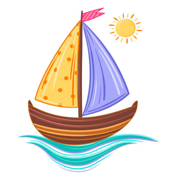 Vector illustration painted colorful ship on blue waves with yellow sun