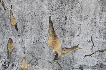 A weathered concrete wall with cracks and peeling paint, showing signs of age and decay.