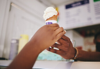 Hands, customer and ice cream for woman buying cone at local shop for small business support....