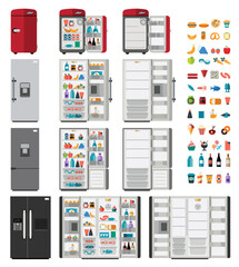 Flat fridge vector icons. Closed and open empty refrigerator. Illustration fridge with food.