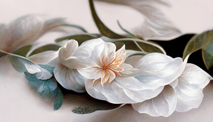 White flowers with leaves is depicted on the canvas. The bud is white. The background of the picture. 3d rendering