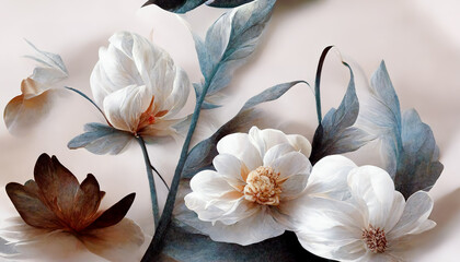 Plakat White flowers with leaves is depicted on the canvas. The bud is white. The background of the picture. 3d rendering