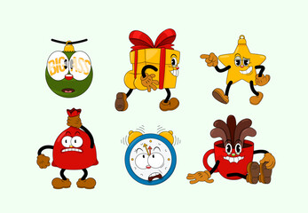 Set of retro cartoon stickers with funny comic characters. Cute comic gloved hands characters in Contemporary style. Doodle Comic characters for holiday of the new year and christmas.