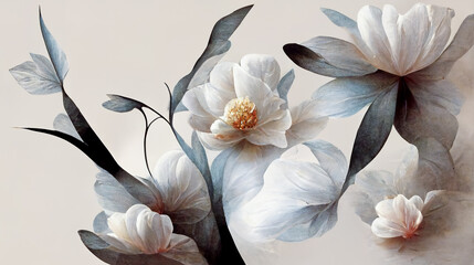 Fototapety  White flowers with leaves is depicted on the canvas. The bud is white. The background of the picture. 3d rendering