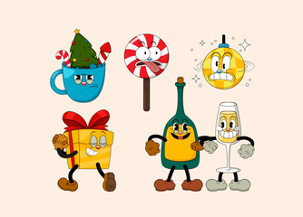 Set of retro cartoon stickers with funny comic characters. Cute comic gloved hands characters in Contemporary style. Doodle Comic characters for holiday of the new year and christmas.