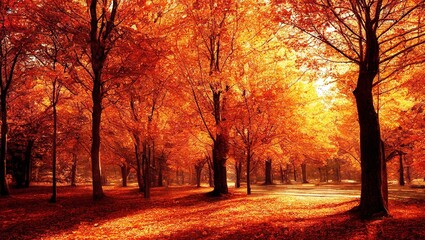 Obraz premium Illustration of golden autumn forest with sunlgiht