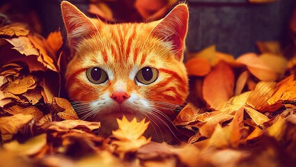 Illustration of adorable brown kitten in fallen autumn leaves