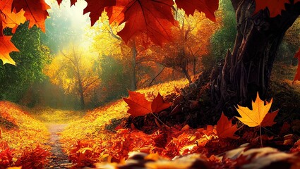 Illustration of colorful autumn leaves dancing in the air in the forest - obrazy, fototapety, plakaty