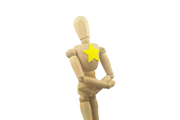 Wooden mannequin with yellow star on body isolated on white background. Superstar concept.