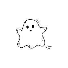 Hand drawn monochrome cute flying ghost doodle style, vector illustration isolated on white background. Black outline, decoration for halloween design