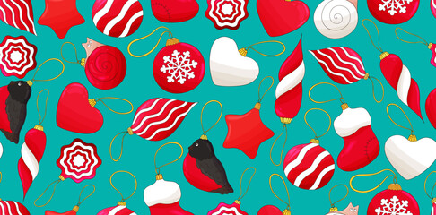 Christmas balls background. Colorful christmas balls on green backdrop. Star, heart shape, red ball , bullfinch, Santa sock, candy cane. Christmas glass toys backdrop, textile, fabric texture.