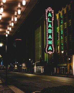 Vertical of the Alabama theatre located in Birmingham, Alabama at night