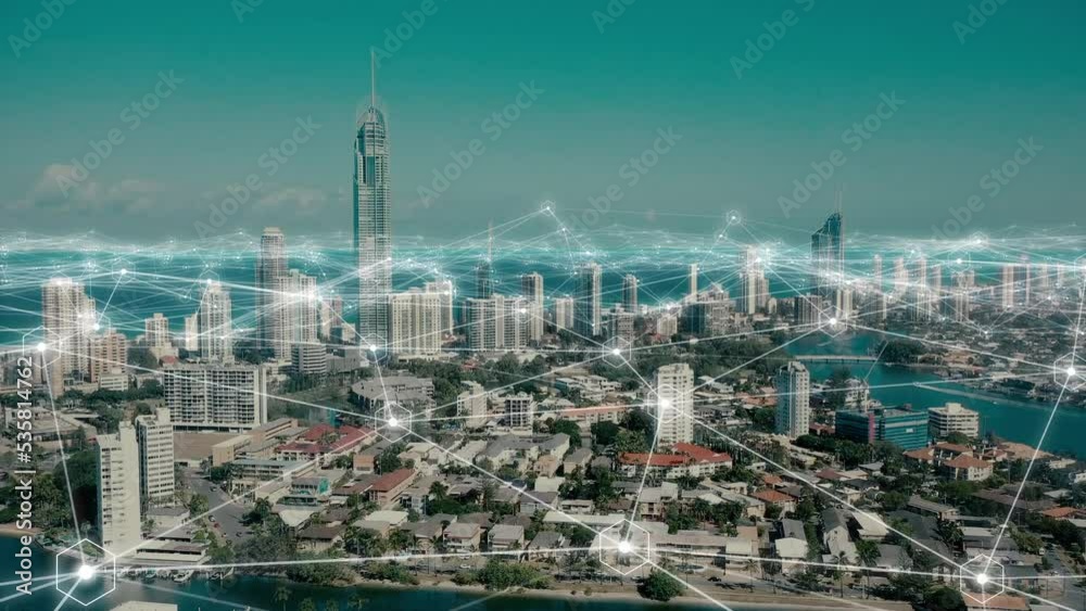 Aufkleber Smart city, digital transformation and communication networking grid for internet, cyber security software or Australia community. Drone view, technology abstract and cloud computing for data traffic