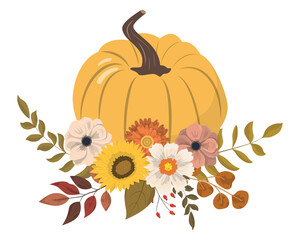 Cartoon autumn floral pumpkins with flowers and forest leaves clipart. Isolated on white background. Seasonal harvest design for greeting or poster.