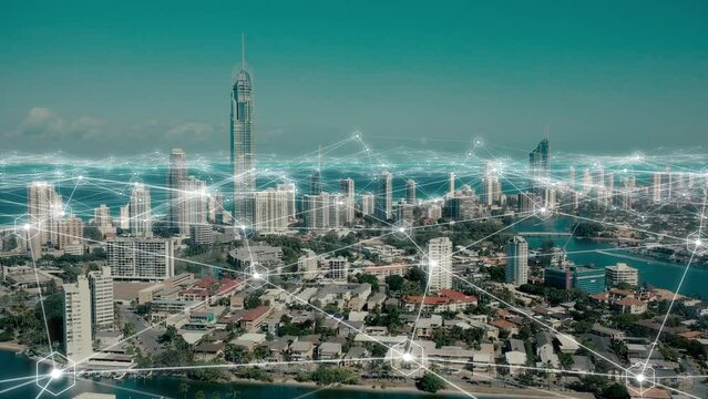 Smart city, digital transformation and communication networking grid for internet, cyber security software or Australia community. Drone view, technology abstract and cloud computing for data traffic