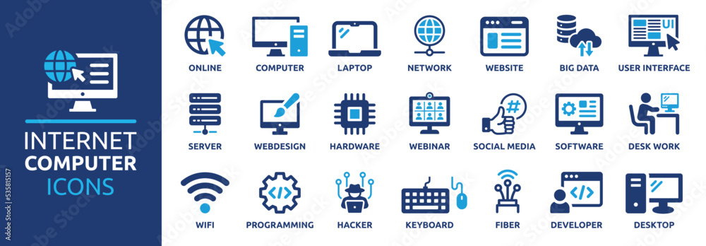 Poster Internet computer icon set. Containing online, computer, network, website, server, web design, hardware, software and programming. Solid icons vector collection.