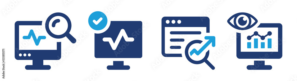 Poster Monitoring icon set. Search engine optimization symbol. Analysis and data observation concept. Solid icons vector collection.