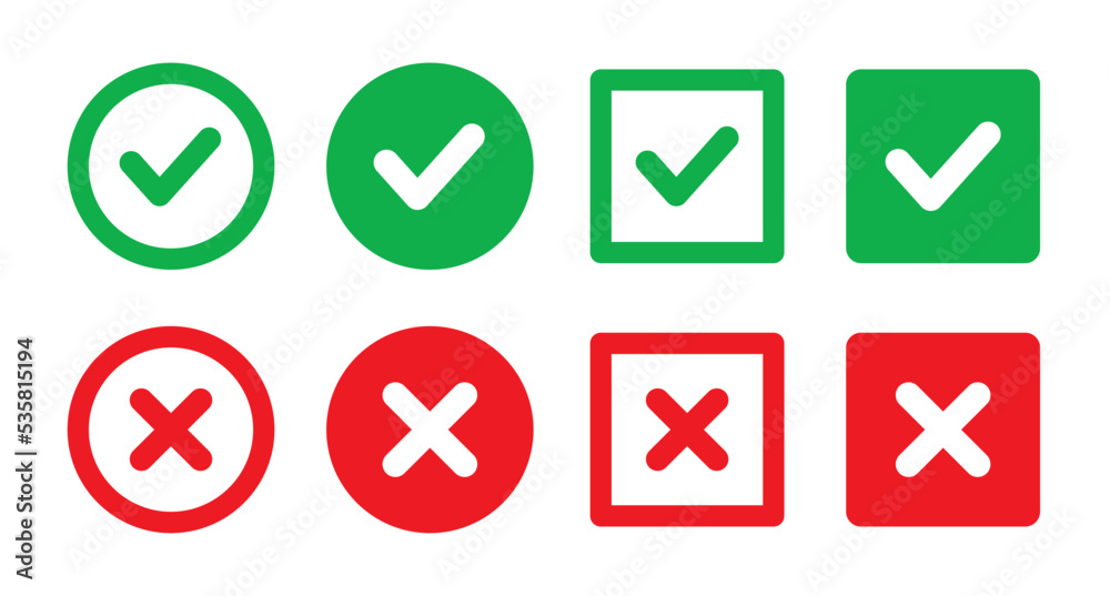 Aufkleber Right and wrong icon set. Green checkmark and red cross mark symbol. Solid and outline icons vector collection.