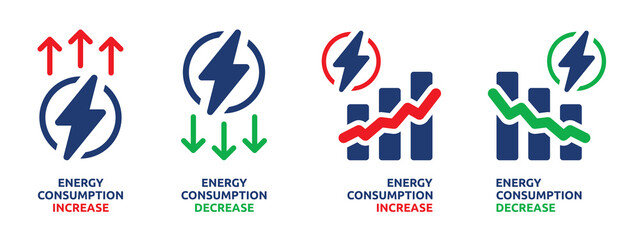 Set of energy consumption increase and decrease icon. Electricity, power or utility bill increase and decrease symbol. Solid icons vector collection. - obrazy, fototapety, plakaty