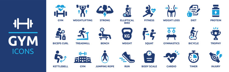Gym and fitness icon set. Containing healthy lifestyle, weight training, body care and workout or exercise equipment icons. Solid icons vector collection. - obrazy, fototapety, plakaty
