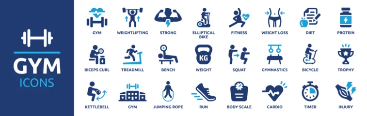 Fotobehang Gym and fitness icon set. Containing healthy lifestyle, weight training, body care and workout or exercise equipment icons. Solid icons vector collection. © Icons-Studio