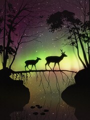 Deer family in misty forest. Animals walk on fallen tree. Polar lights