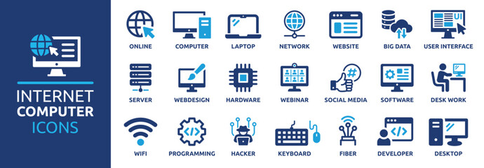 Internet computer icon set. Containing online, computer, network, website, server, web design, hardware, software and programming. Solid icons vector collection. - obrazy, fototapety, plakaty