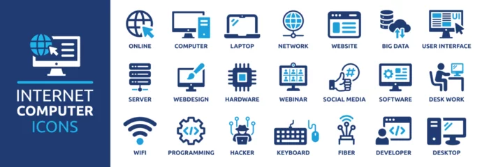 Fotobehang Internet computer icon set. Containing online, computer, network, website, server, web design, hardware, software and programming. Solid icons vector collection. © Icons-Studio