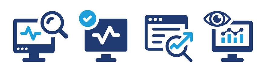 Monitoring icon set. Search engine optimization symbol. Analysis and data observation concept. Solid icons vector collection.