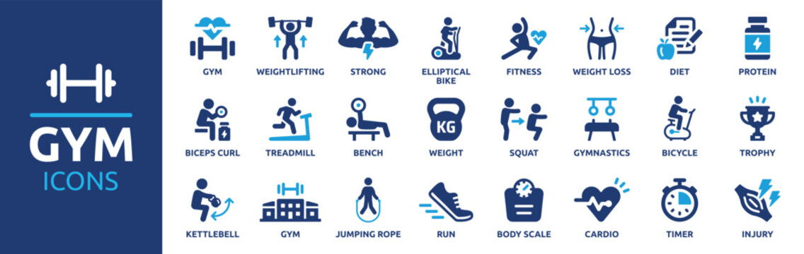 Gym and fitness icon set. Containing healthy lifestyle, weight training, body care and workout or exercise equipment icons. Solid icons vector collection.