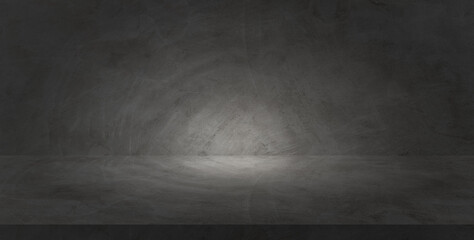 Empty grey cement wall room interiors background and rough floor studio light well editing display product and text present on free space backdrop 