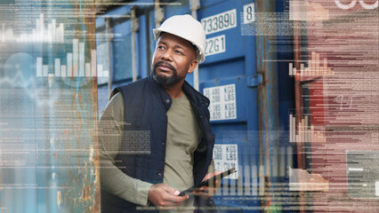 Logistics, communication and black man with digital tablet while working with overlay or double...